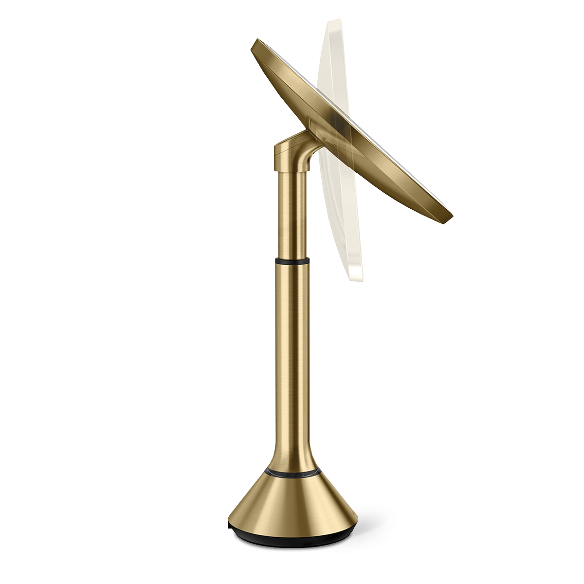 Side profile, Simplehuman Brushed Brass Sensor Mirror Round highlighting the adjustable pivoting tilt feature.