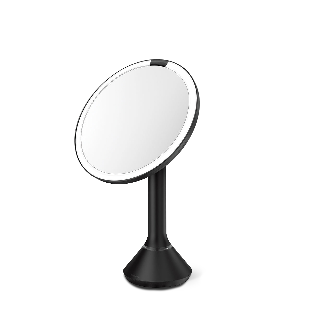 Angled view, Simplehuman Matte Black Sensor Mirror Round with adjustable tilt and dual light settings.