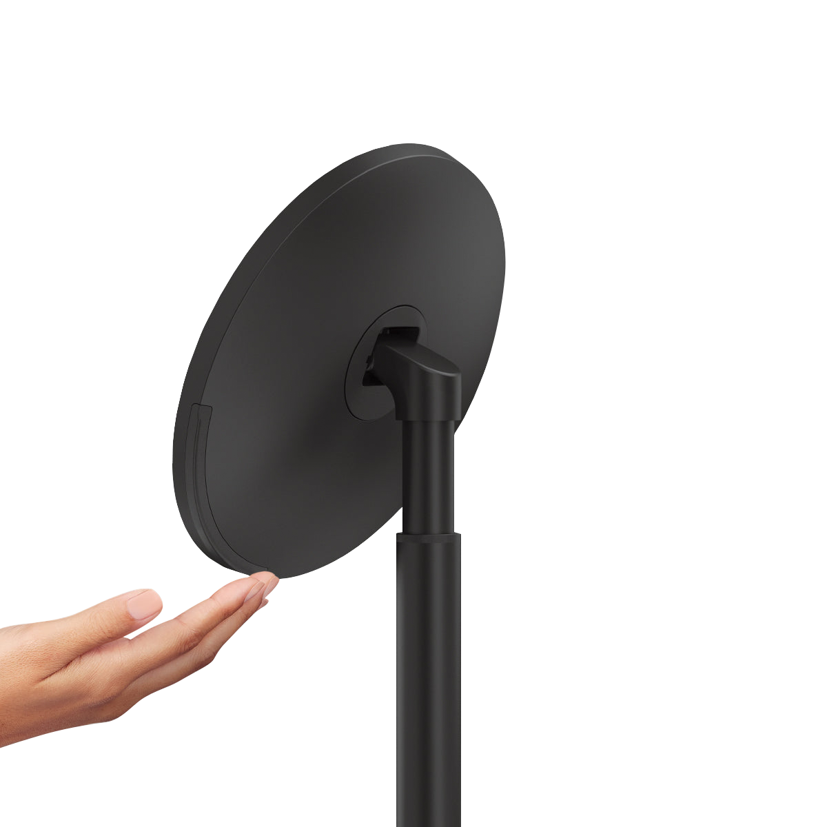 Side profile view, Simplehuman Matte Black Sensor Mirror Round with pivoting tilt and hand gesture sensor.