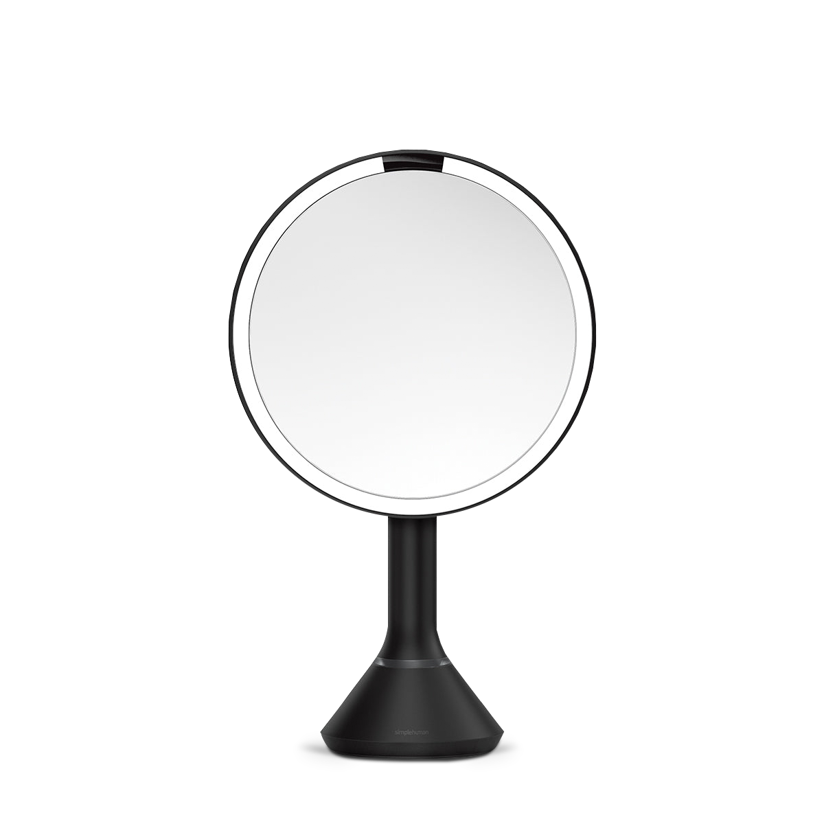 Simplehuman Matte Black Sensor Mirror Round with touch-control brightness and dual light settings.