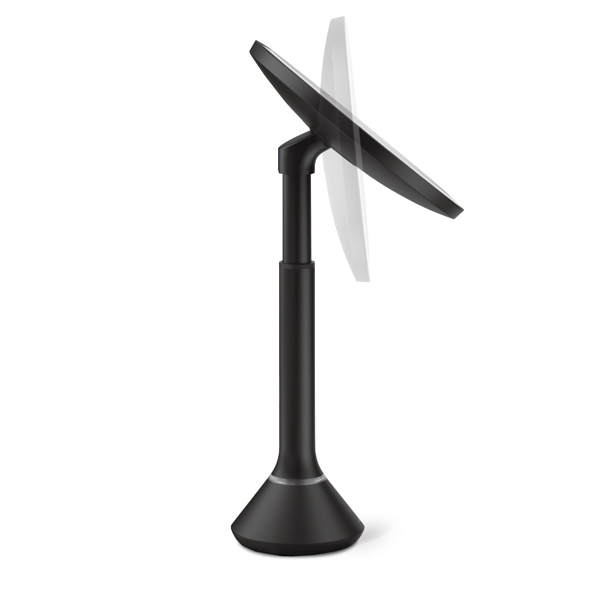 Simplehuman Matte Black Sensor Mirror Round. Mechanism view highlighting adjustable height and pivoting tilt.