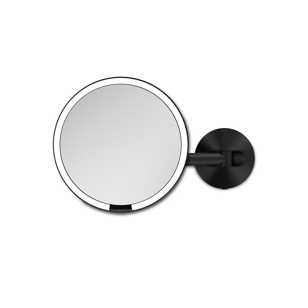 Top-down view of Simplehuman Hard-Wired Sensor Mirror in Dark Bronze, adjustable arm, touch-free sensor light.