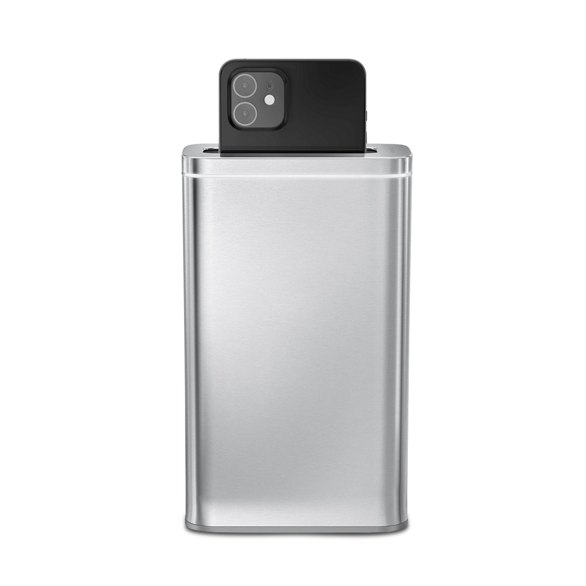 Simplehuman Cleanstation in Brushed Stainless Steel, UV-C sanitizer with phone inserted.