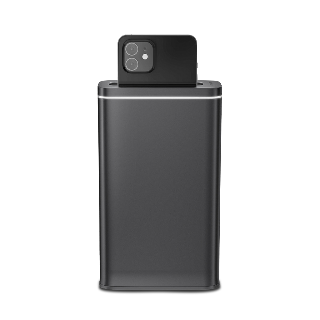 Simplehuman Cleanstation, Brushed Stainless Steel, UV-C sanitizer with phone inserted, showing light indicator.