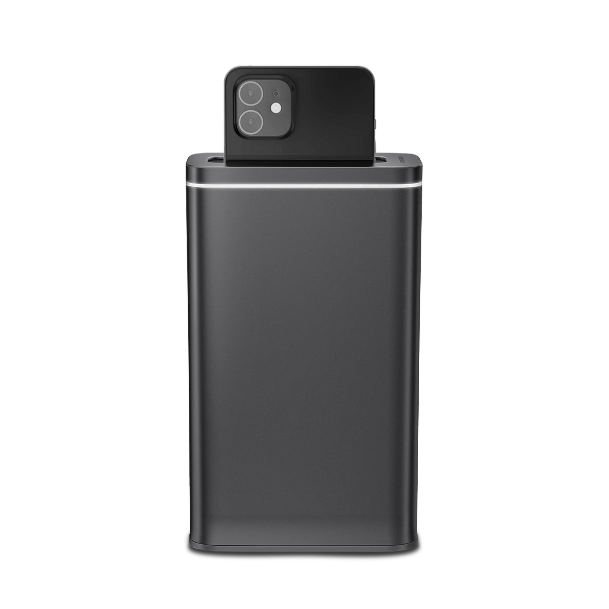 Simplehuman Cleanstation, Brushed Stainless Steel, UV-C sanitizer with phone inserted, showing light indicator.