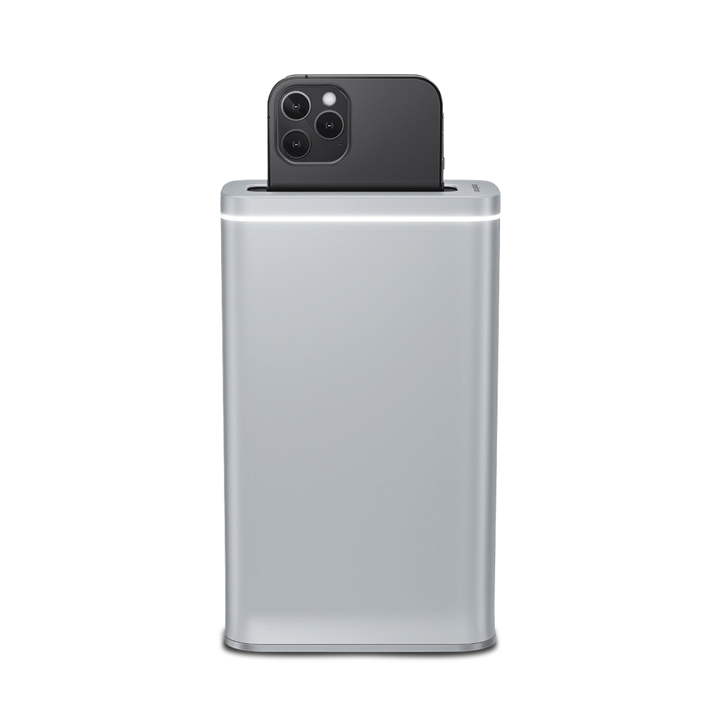 Front view of Simplehuman Cleanstation, Brushed Stainless Steel, UV-C sanitizer cleaning phone with active indicator light.
