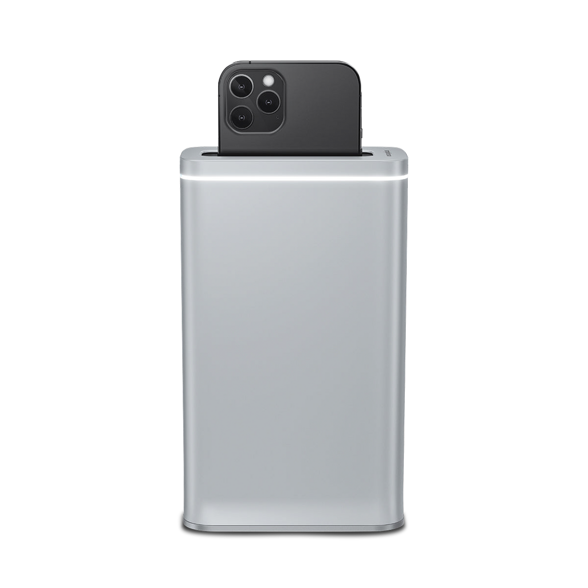 Front view of Simplehuman Cleanstation, Brushed Stainless Steel, UV-C sanitizer cleaning phone with active indicator light.