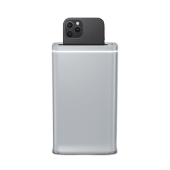 Front view of Simplehuman Cleanstation, Brushed Stainless Steel, UV-C sanitizer cleaning phone with active indicator light.