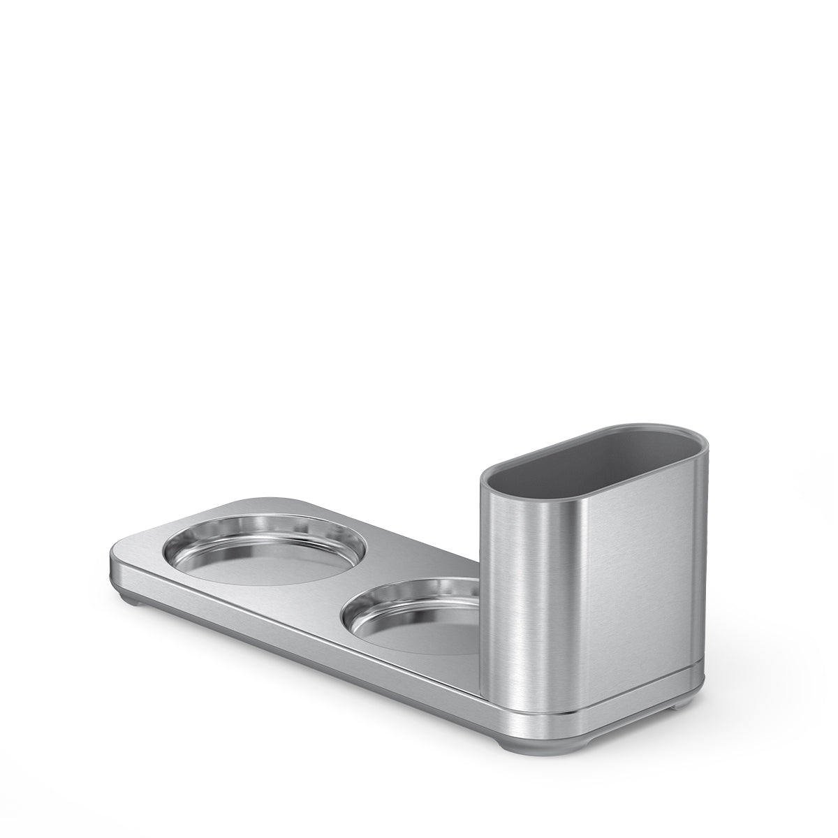 Angled view of Simplehuman Dual Caddy in Brushed Stainless Steel for organized kitchen storage.