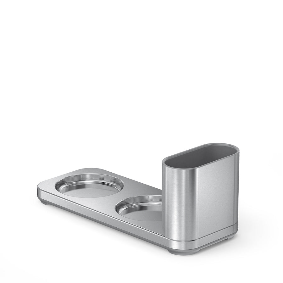 Angled view of Simplehuman Dual Caddy in Brushed Stainless Steel for organized kitchen storage.