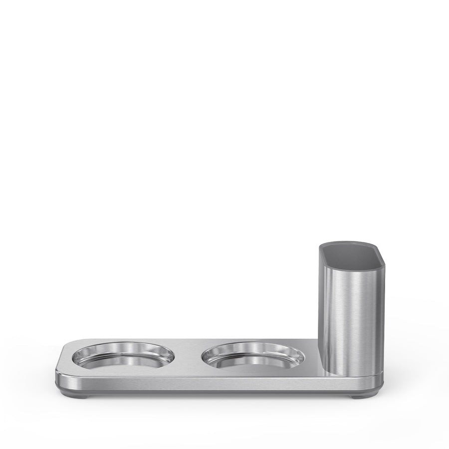 Simplehuman Dual Caddy accessory in Brushed Stainless Steel, featuring two pump slots and a utility caddy.