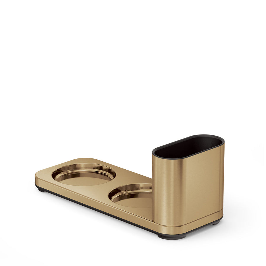 Simplehuman Brass Dual Caddy accessory with two pump recesses and integrated utility holder, space-saving design.