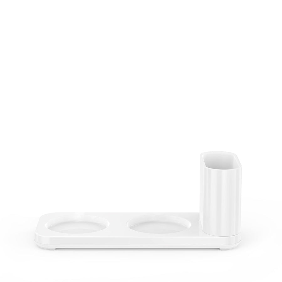 Front view of Simplehuman White Dual Caddy accessory base with two pump bays and storage compartment.