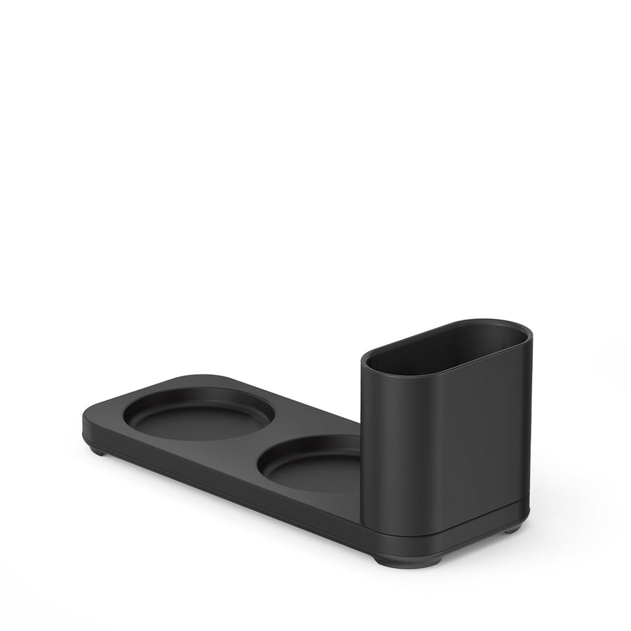 Angled view of Simplehuman Matte Black Dual Caddy accessory for sensor pumps and kitchen tools.