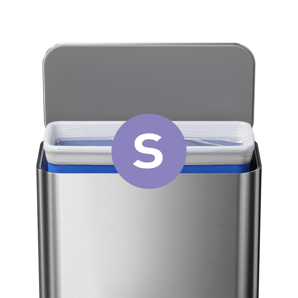 Simplehuman rectangular stainless steel trash can showing Code S custom fit liner installed inside the inner bucket, lid open.