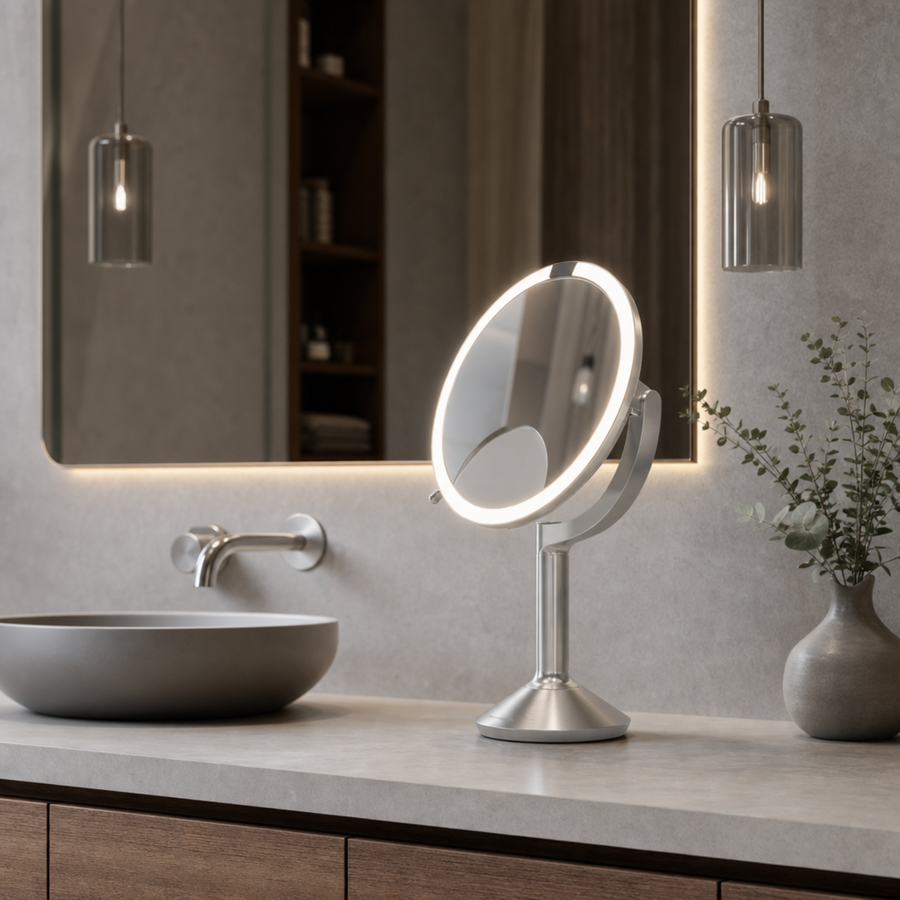 Simplehuman's Sensor Mirror Trio in a modern bathroom setting. 