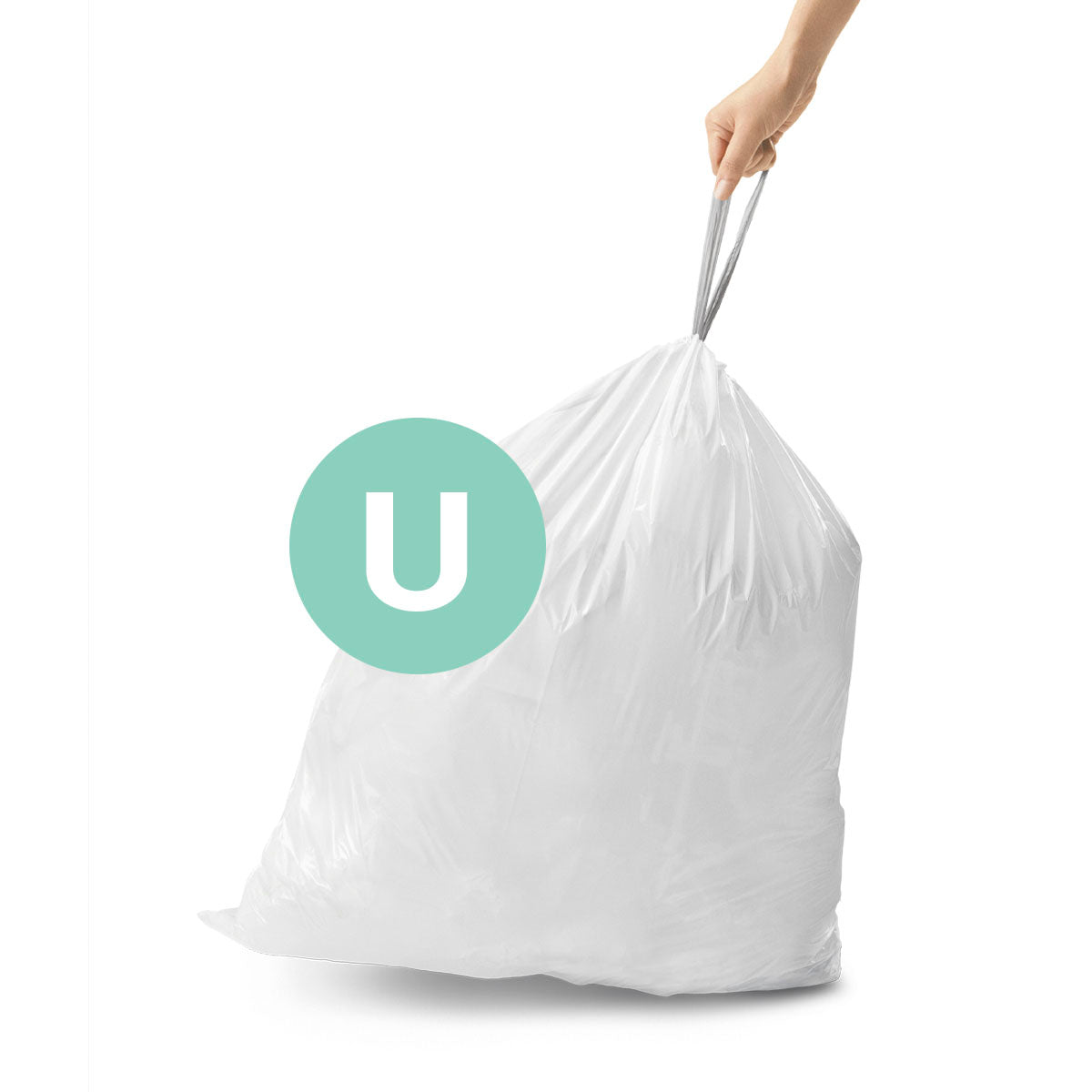 Usage view of Simplehuman Code U Liner, hand holding the strong drawstring closure for secure carrying.