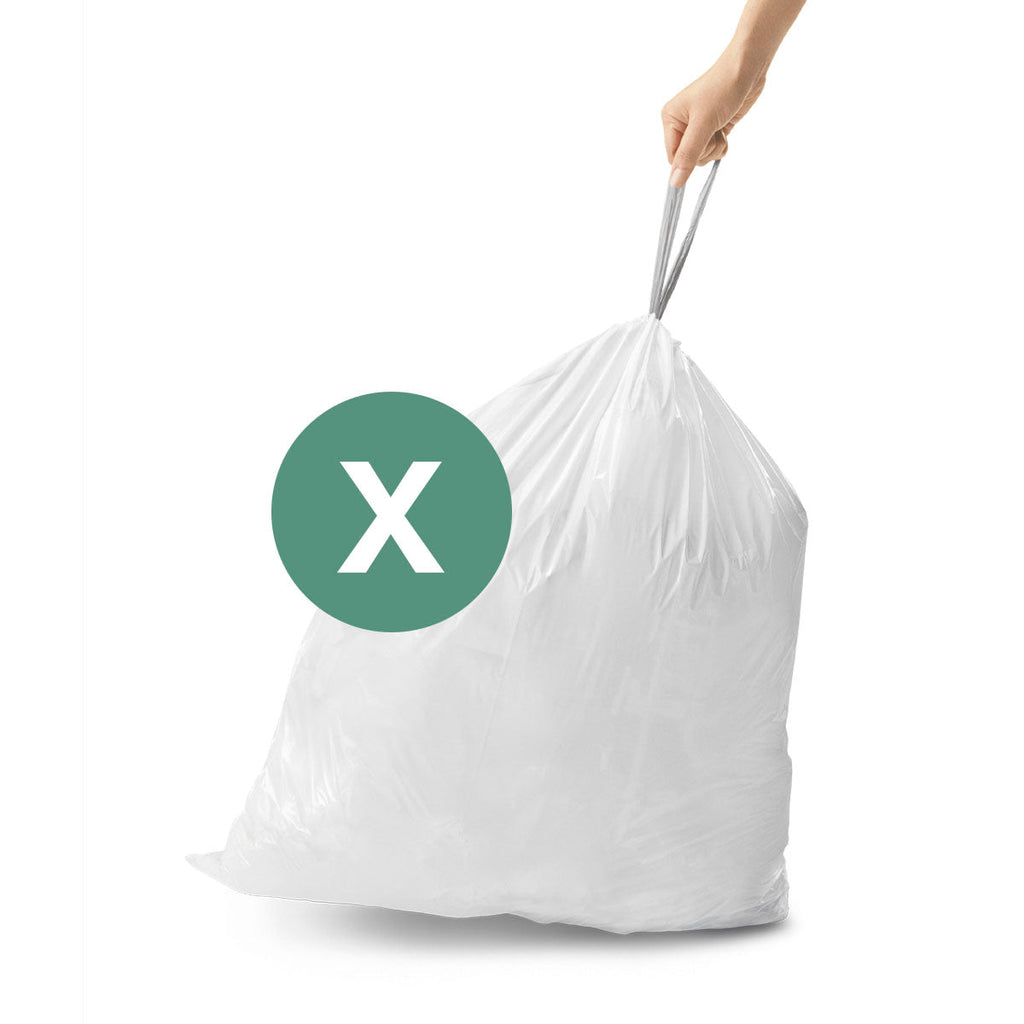 Simplehuman Code X Custom Fit Liner with drawstring handles being carried, durable thick white plastic.