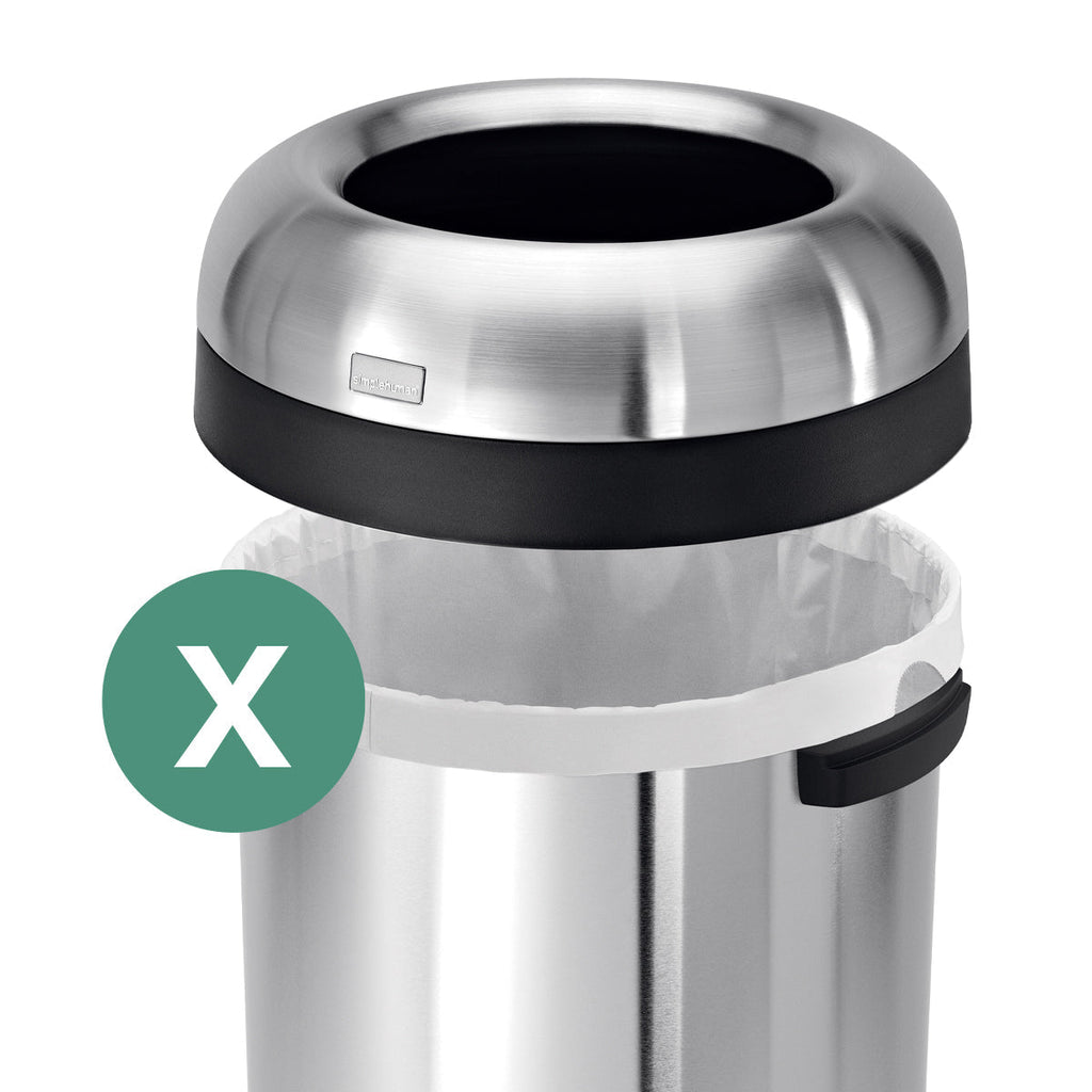 Detail view of Simplehuman Code X Custom Fit Liner with drawstring handle secured around the rim of a stainless steel can.