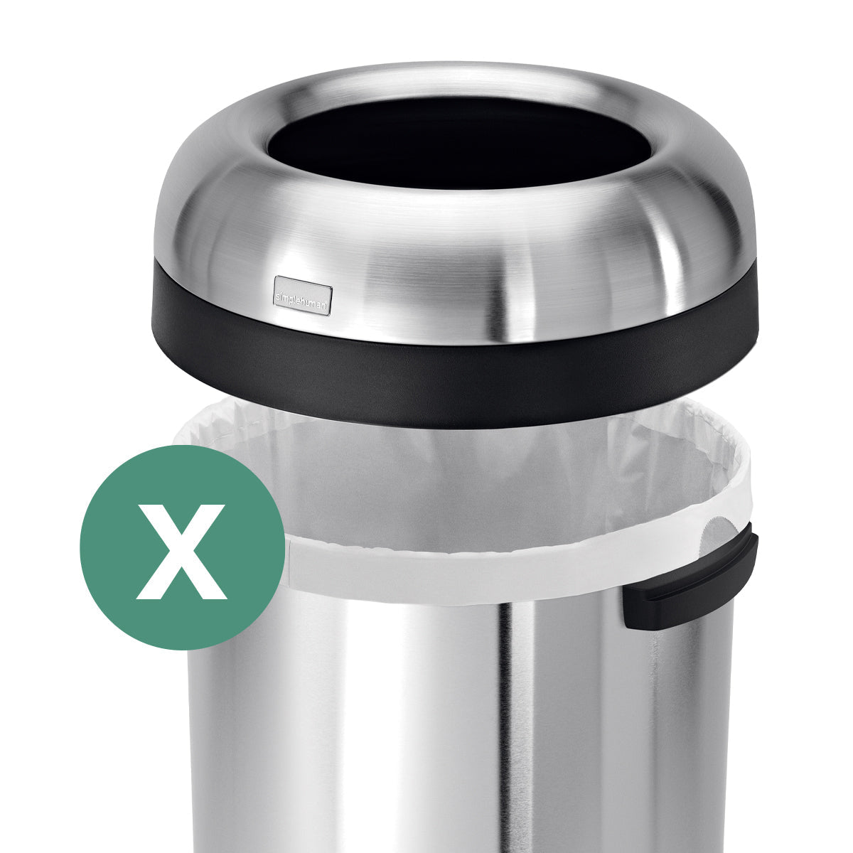 Detail view of Simplehuman Code X Custom Fit Liner with drawstring handle secured around the rim of a stainless steel can.