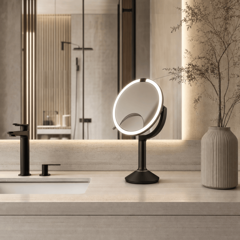 Simplehuman's Sensor Mirror Trio in Matte Black in a modern, upscale bathroom setting with matching matte gold appliances. 