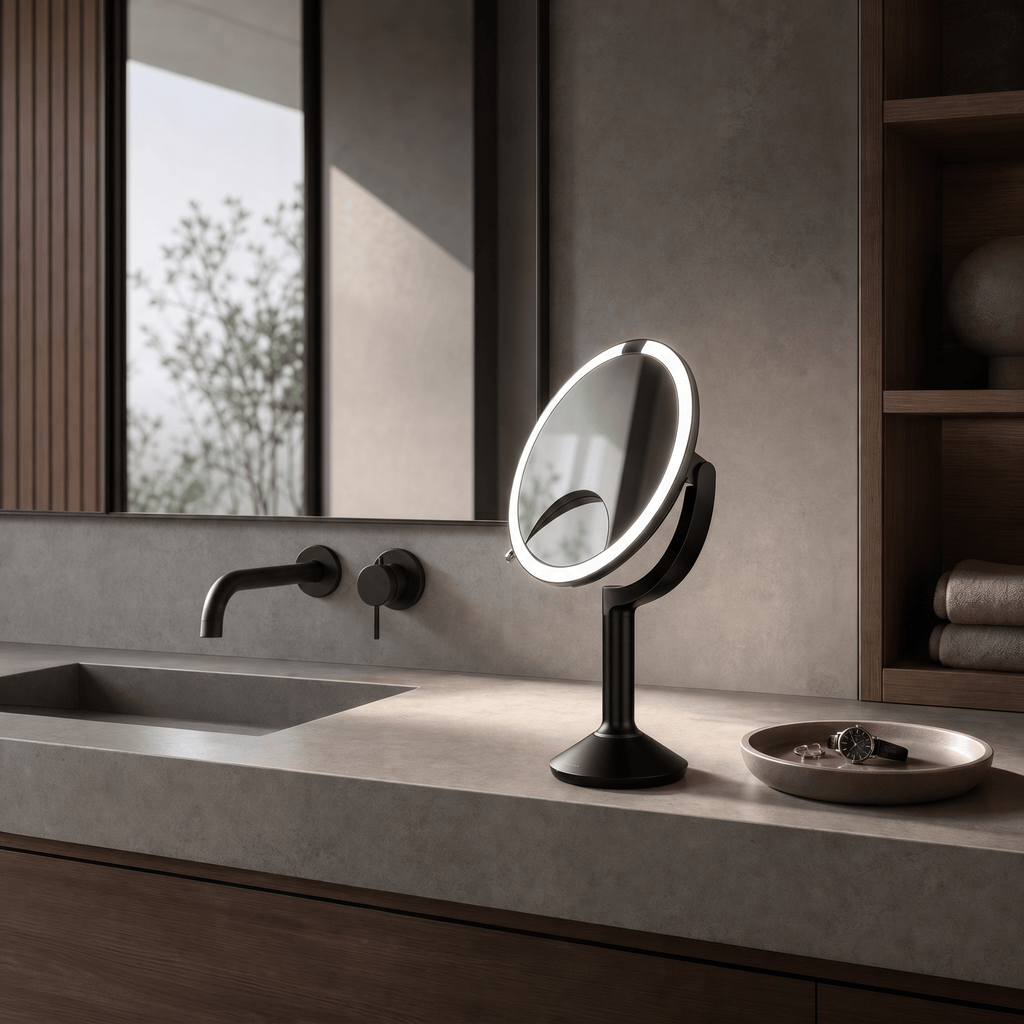 Simplehuman's Sensor Mirror Trio in Matte Black in a modern bathroom setting with darker lighting emphasizing the Tru-Lux technology in the light.