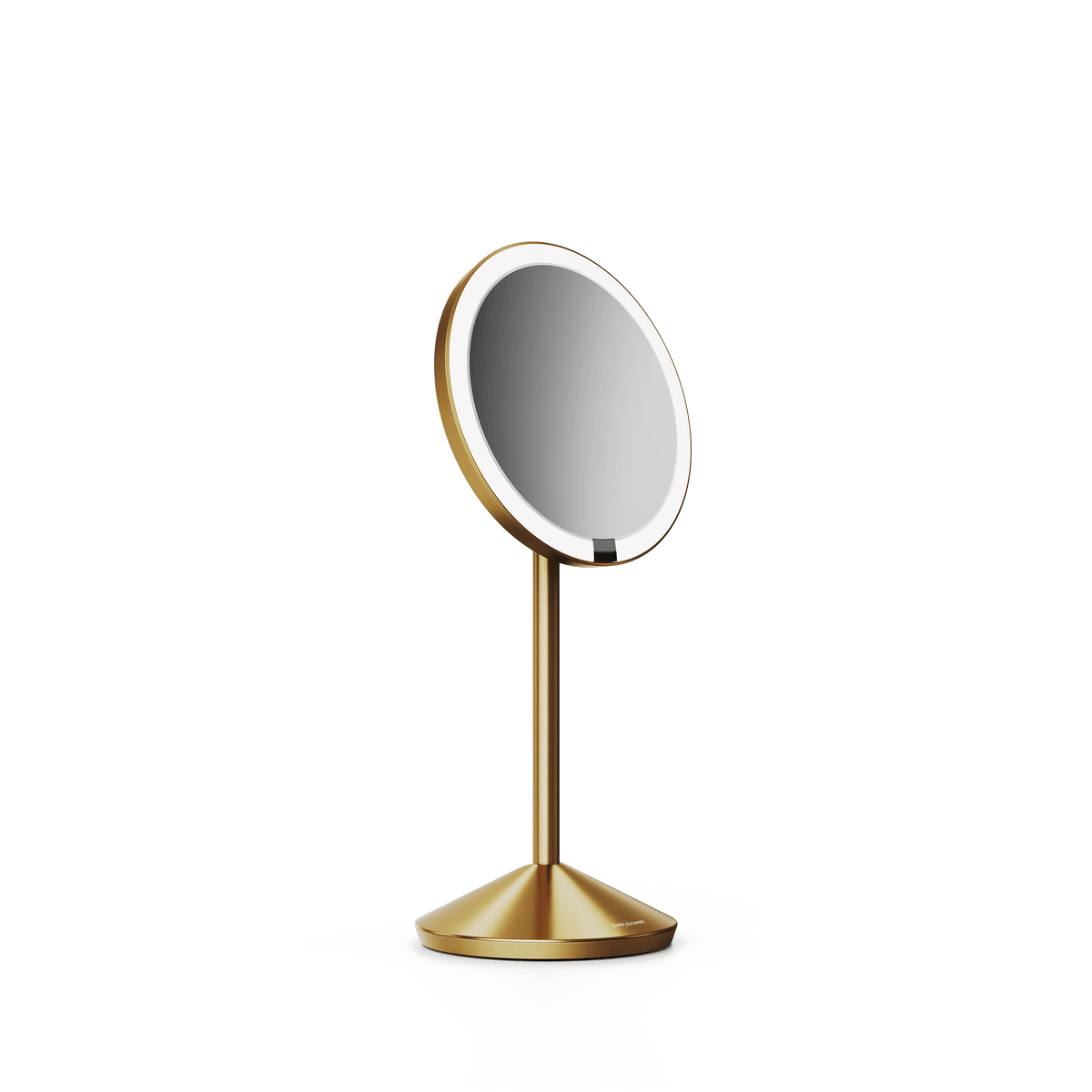 Simplehuman's Sensor Mirror Fold in Brass, angled view.
