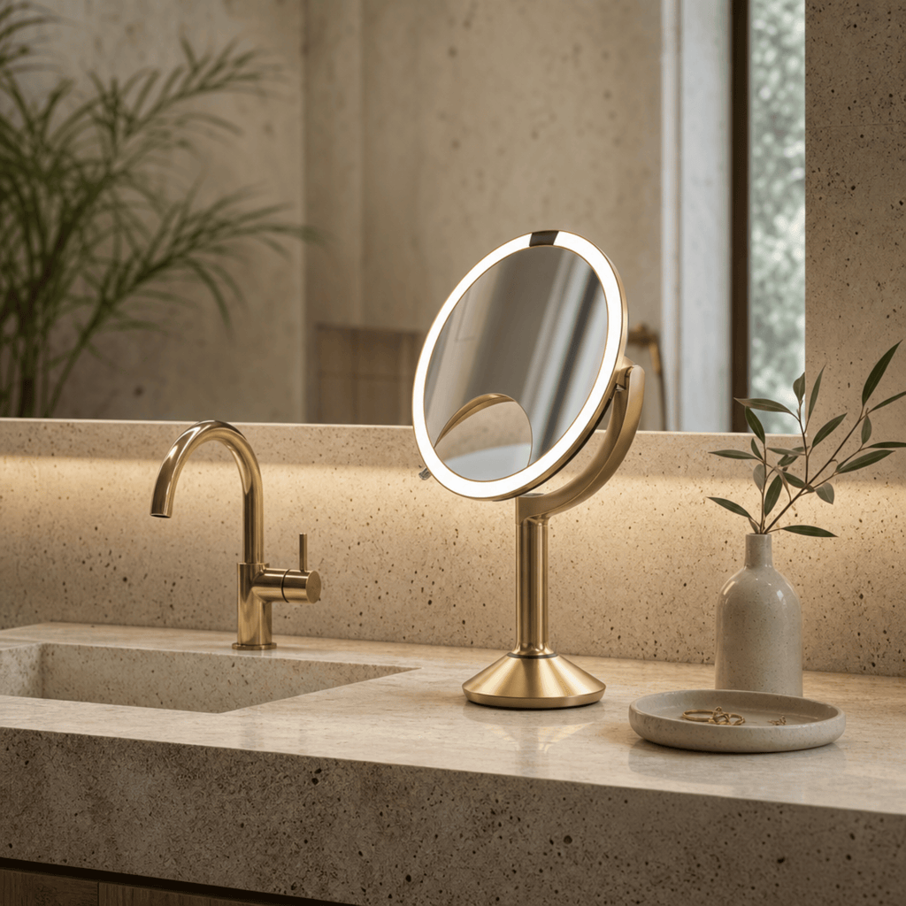 Simplehuman's Sensor Mirror Trio in Brass in a modern, warm-lit bathroom setting.