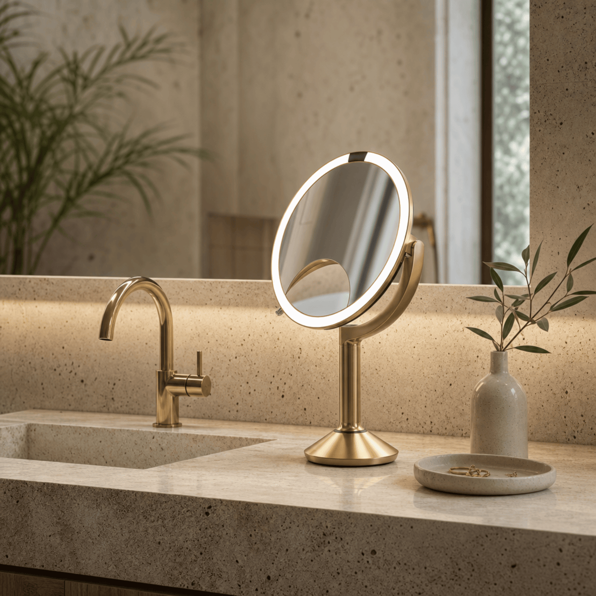 Simplehuman's Sensor Mirror Trio in Brass in a modern, warm-lit bathroom setting.