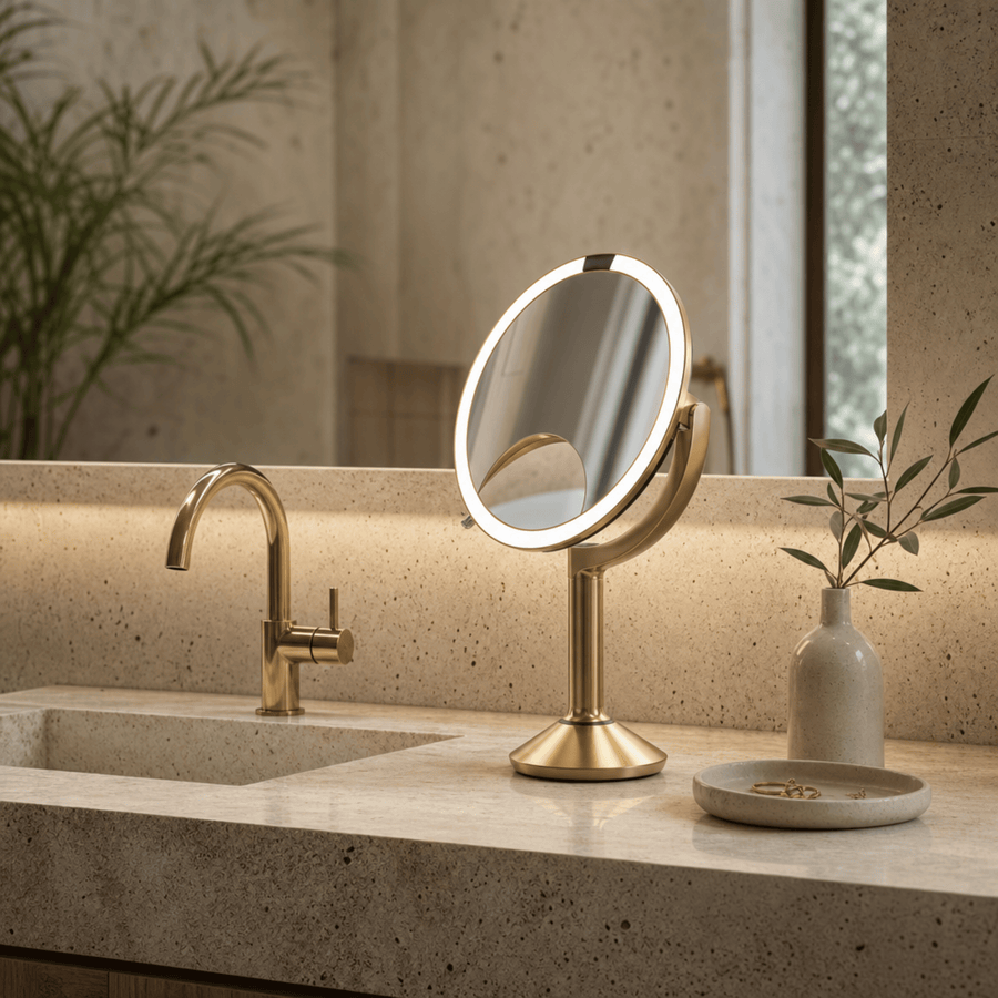 Simplehuman's Sensor Mirror Trio in Brass in a modern, warm-lit bathroom setting.