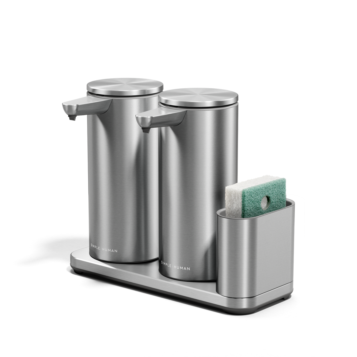 Angled view of Simplehuman Dual Sensor Pump 14 oz. with Caddy in Brushed Stainless Steel, touch-free soap dispenser.