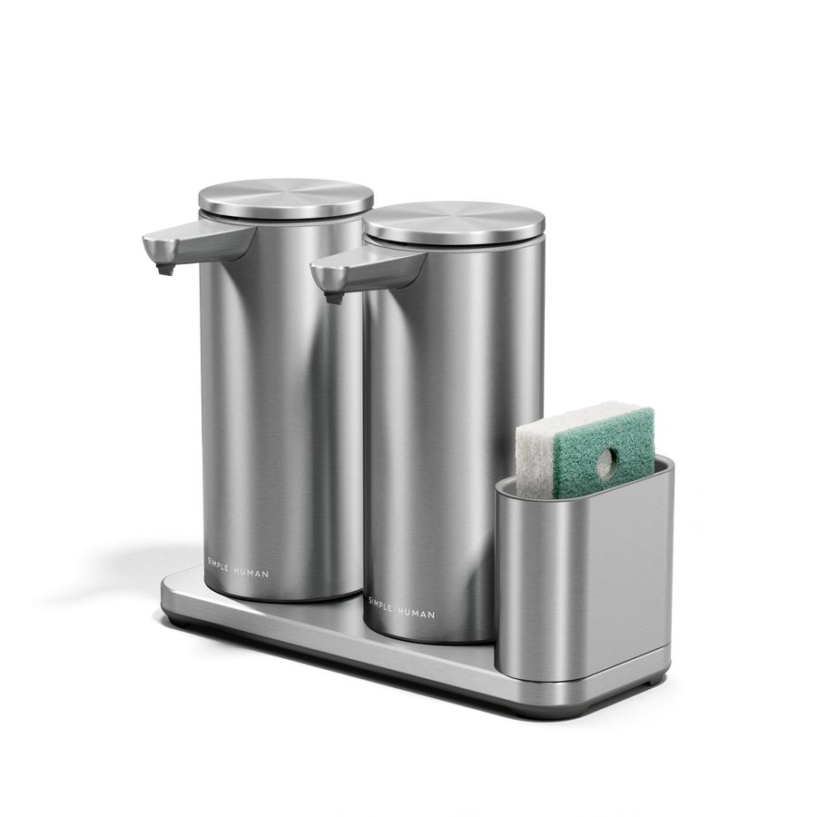Angled view of Simplehuman Dual Sensor Pump 14 oz. with Caddy in Brushed Stainless Steel, touch-free soap dispenser.