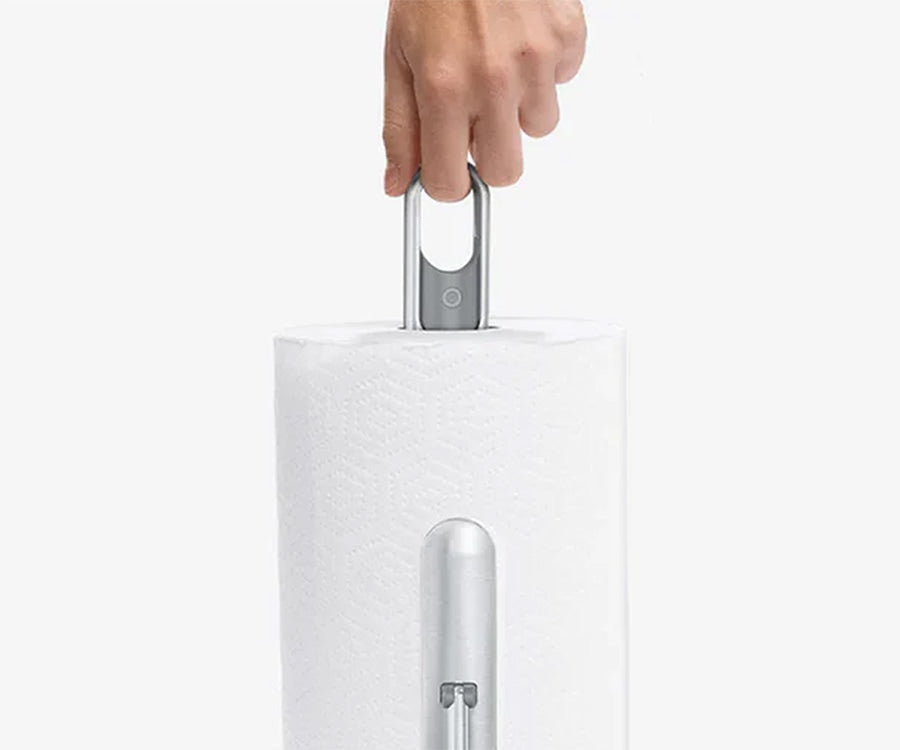 Hook the finger loop and take our paper towel holder pump wherever the mess is. A downward push unlocks the pump for quick access when you need it.