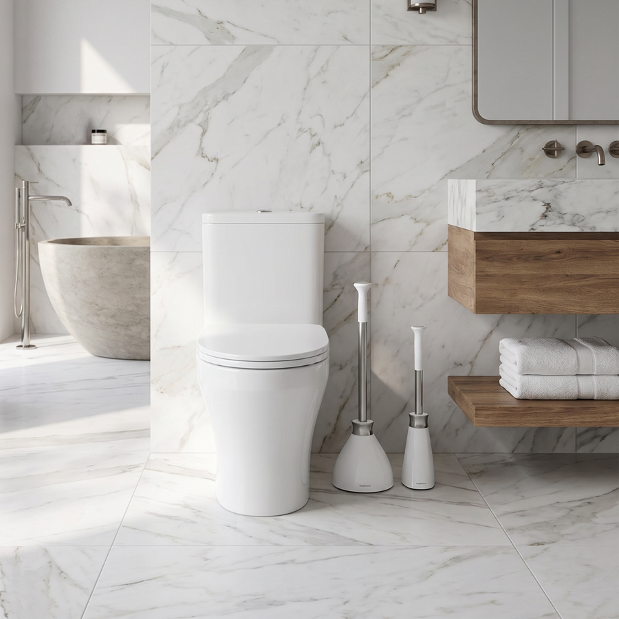 A Simplehuman White Finished Toilet Brush And Plunger Bundle Placed Beside A Toilet. 