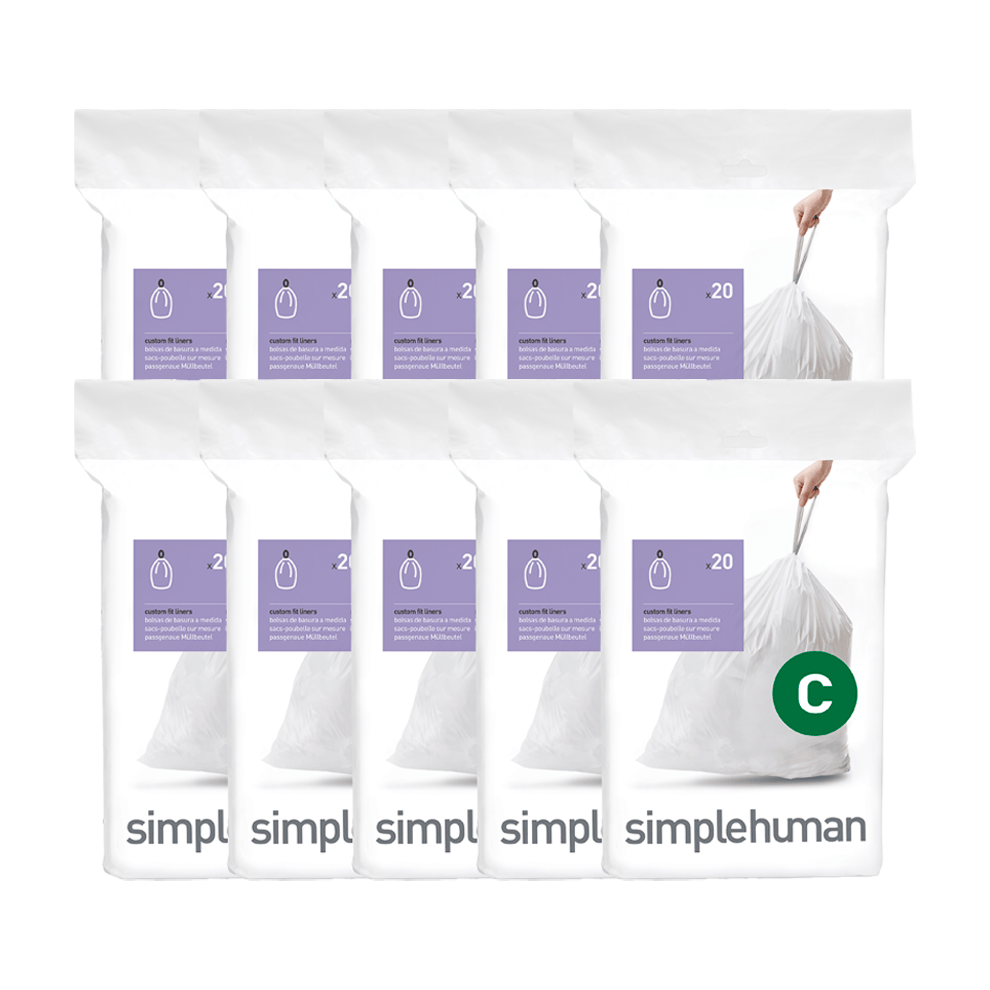 Simplehuman Code C Custom Fit Liners, 10 packs of 20 heavy-duty white liners shown with drawstring closure.