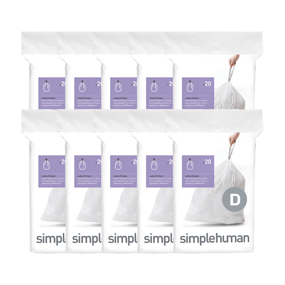 Simplehuman Code D Custom Fit Liners, white, showing 10 bulk packs with easy closure drawstring.