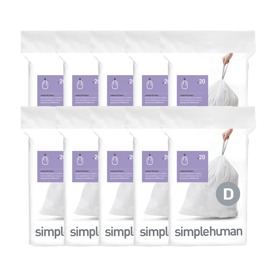 Simplehuman Code D Custom Fit Liners, white, showing 10 bulk packs with easy closure drawstring.