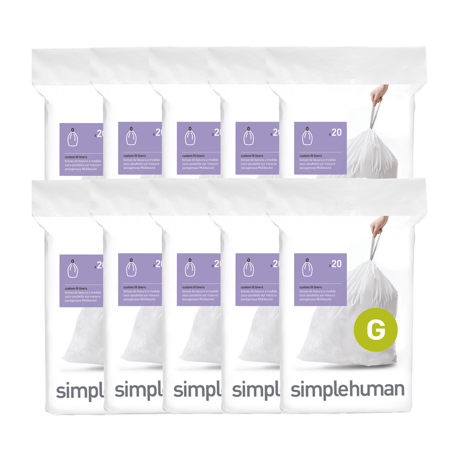 Simplehuman Code G Custom Fit Liners, white, 10-pack bundle, tailored fit, durable drawstring for easy removal.