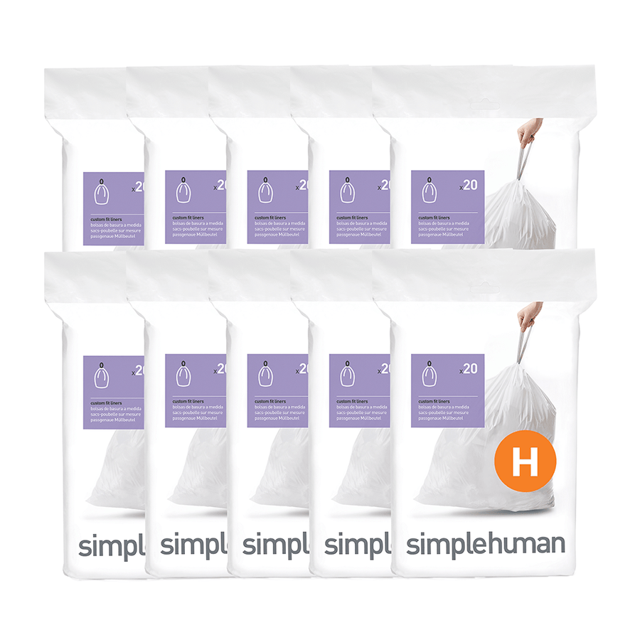 Simplehuman Code H Custom Fit Liners, 10 packs of white custom-fit drawstring bags for bulk purchase.