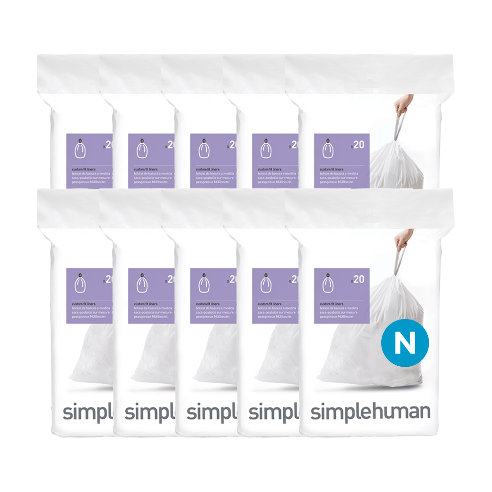 Simplehuman White Code N Custom Fit Liners 10-pack bulk bundle with strong drawstring closure.
