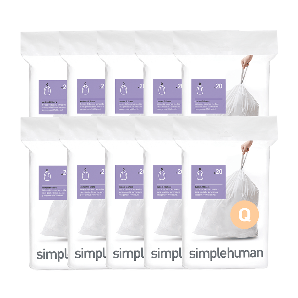 Simplehuman White Code Q Custom Fit Liners, inventory view showing 10 packages, strong drawstring closure.