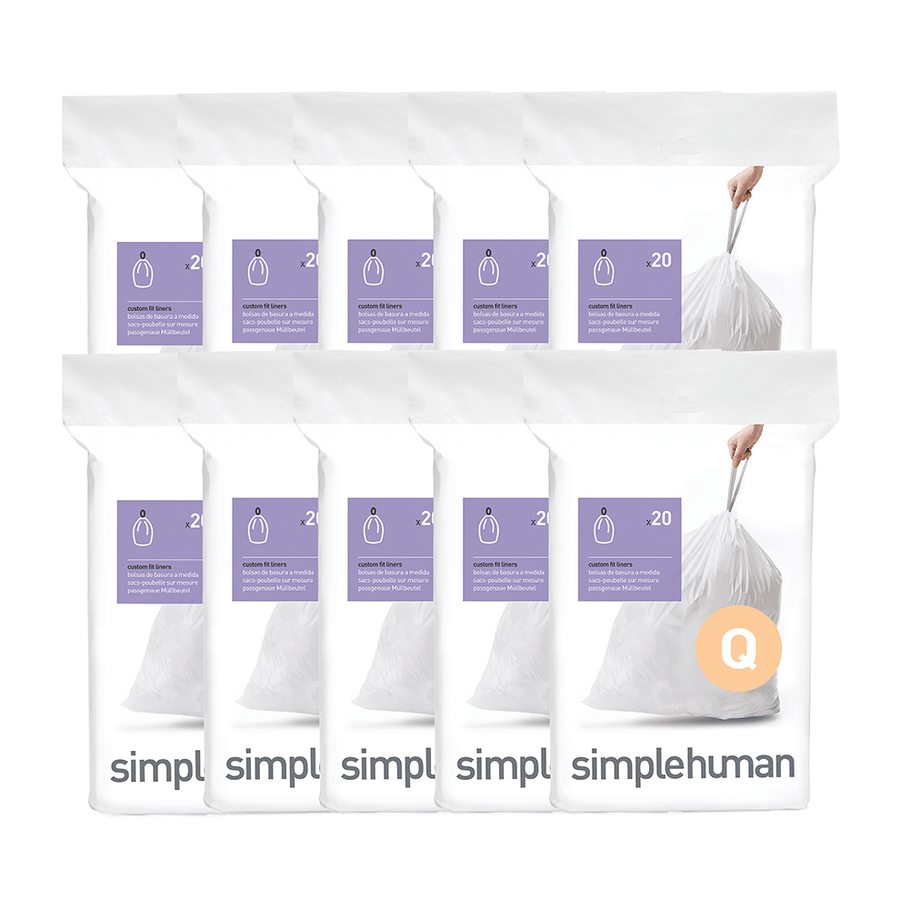 Simplehuman White Code Q Custom Fit Liners, inventory view showing 10 packages, strong drawstring closure.