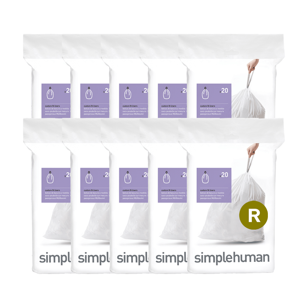 Bulk view of Simplehuman Code R Custom Fit Liners (10 packs), 20 white custom-fit trash bags per pack.