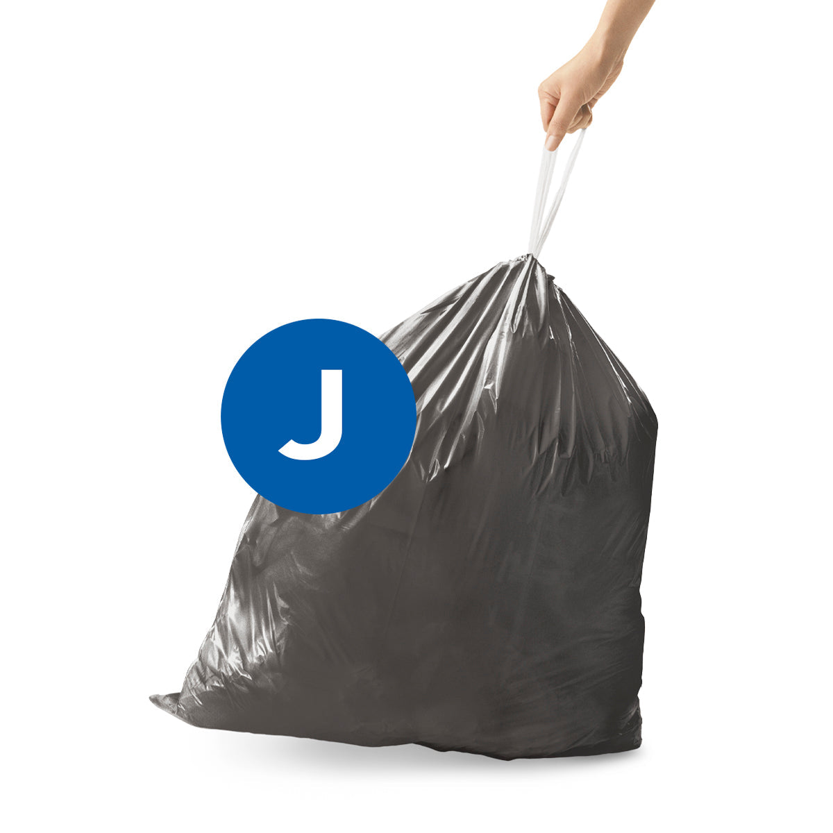 Simplehuman Code J Odorsorb Liner, hand pulling white drawstring closure for easy removal.