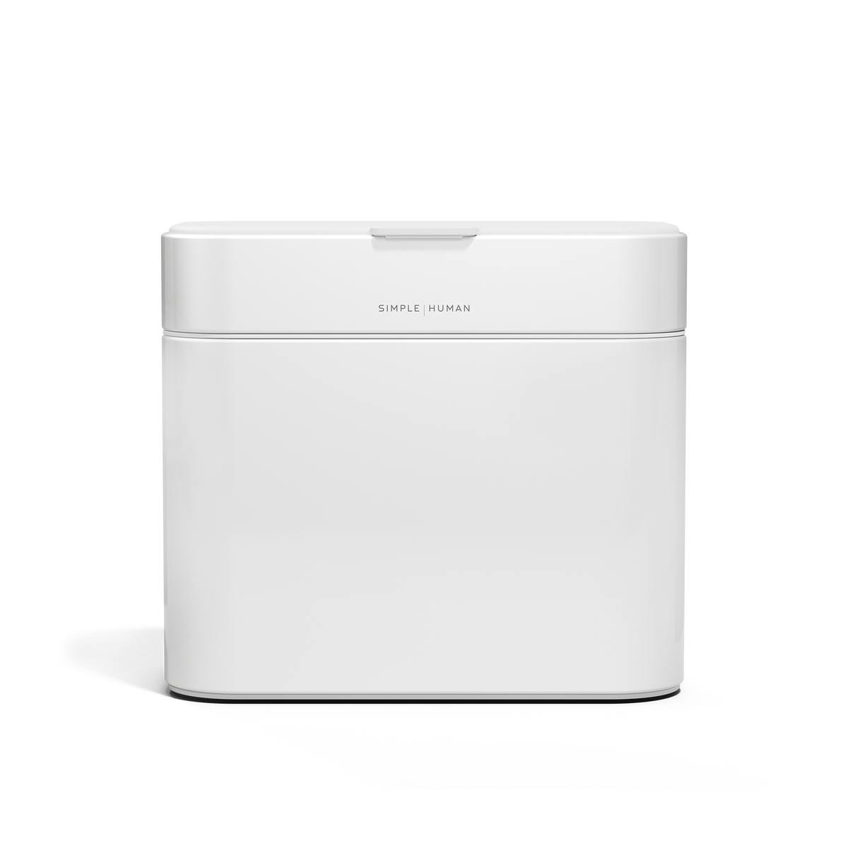 Simplehuman White Compost Caddy, tight front view showing branding and airtight seal.