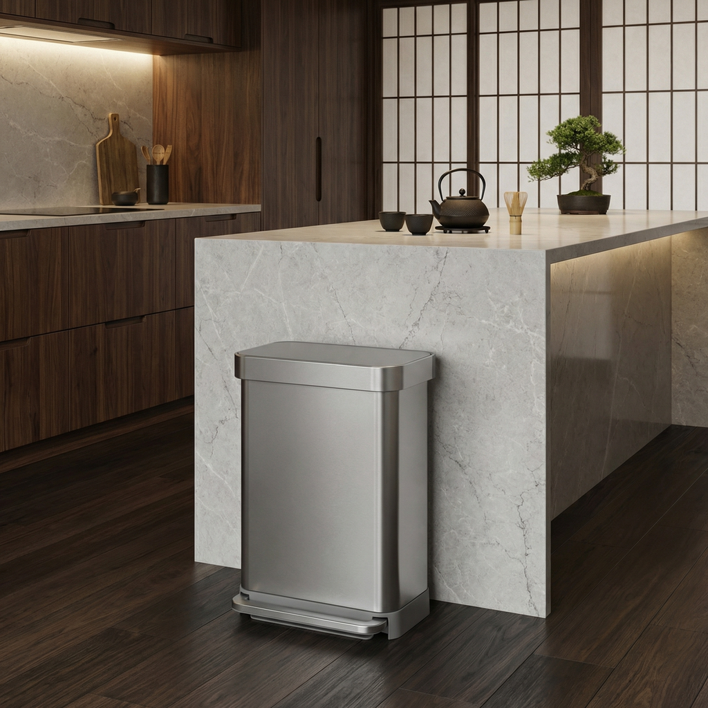 Simplehuman's 55L Step Can in Brushed in an oriental setting with marble countertops and wooden and bamboo appliances in the background featuring a miniature bonsai tree. 
