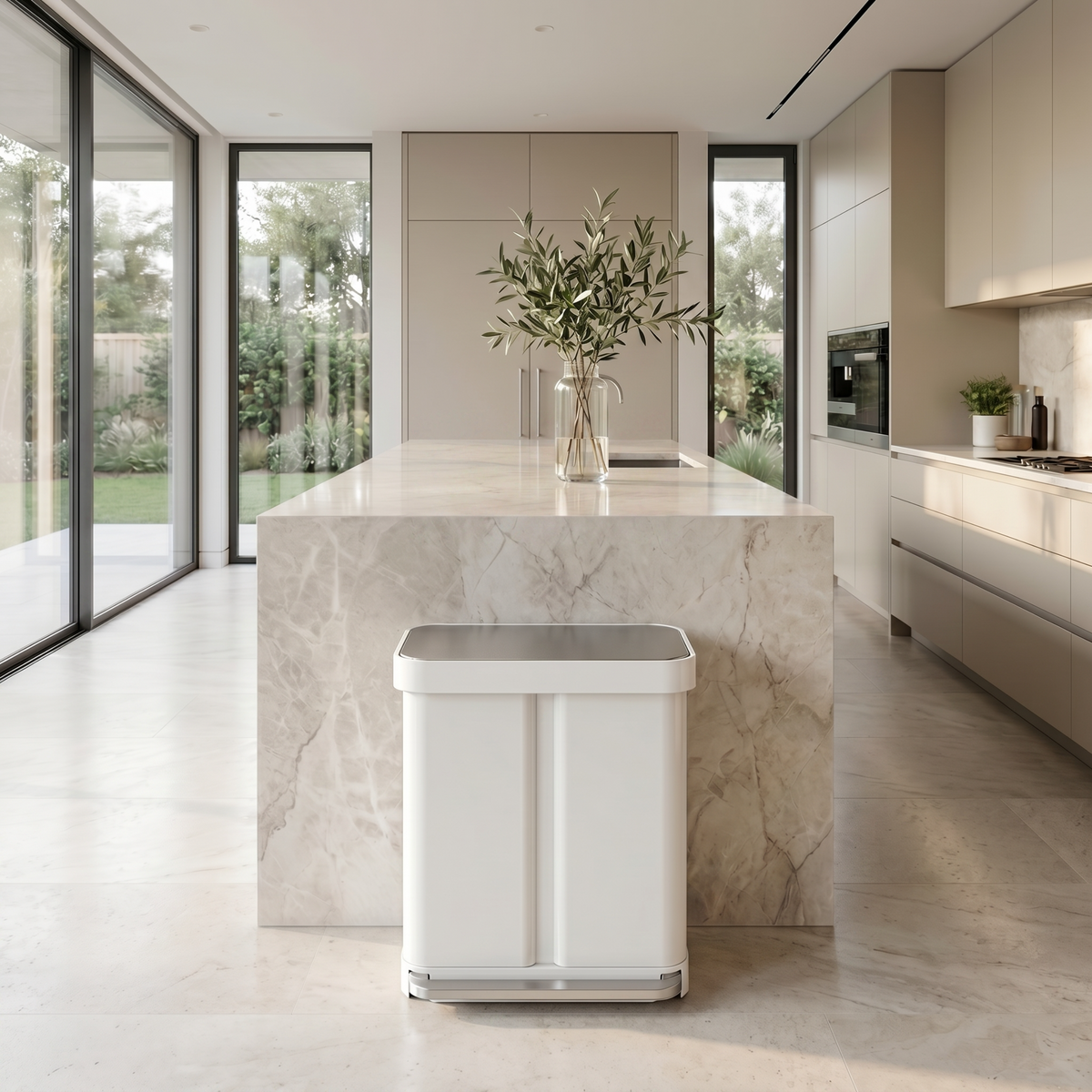 Simplehuman's 58L Step Recycler in a modern kitchen setting with natural lights. 