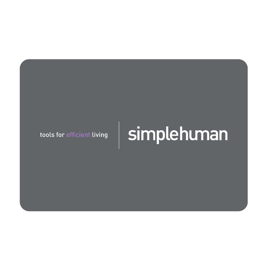 Simplehuman Gift Card in Brand Design, featuring the "tools for efficient living" tagline on a dark gray background.