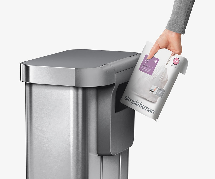 Simplehuman's Custom Fit Liners fit perfectly and conveniently in the liner pocket for easy grab and go. 