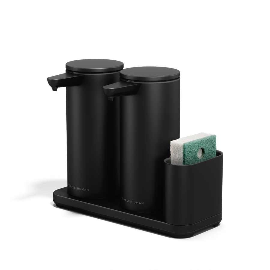 Angled view of Simplehuman Matte Black Dual Sensor Pump 14 oz. with caddy, rechargeable and hands-free dispensing.